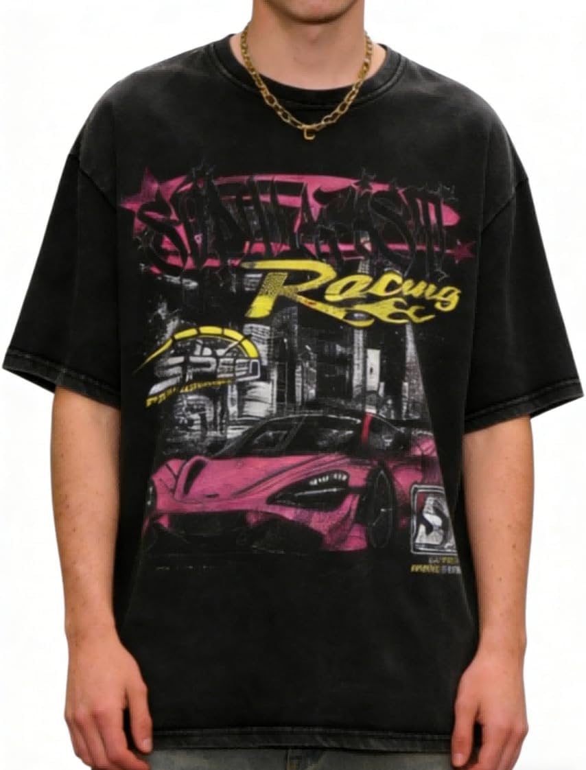 QJQ Men's Graphic Tees Short Sleeve Crewneck T Shirts Cyberpunk Vintage Cool Acid Wash Shirts Y2K Tops Streetwear Black