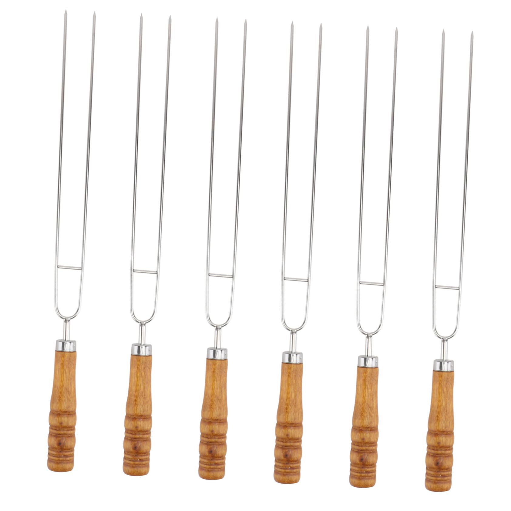 Barbecue Forchette da Arrosto a Doppia Punta 6 Pezzi Acciaio Inox | Manico in Legno, Punta Biforcuta per Carne e Verdure, Non Serve Ammollo, Colore Argento