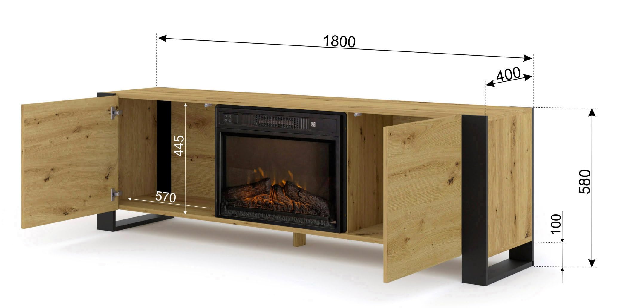 Homlando TV Schrank mit Elektrokamin 180 cm, Lowboard Fernsehtisch für Wohnzimmer, RTV Schrank in Eiche Artisan, modernes TV Möbel mit Kamin, Medienkonsole MONDI