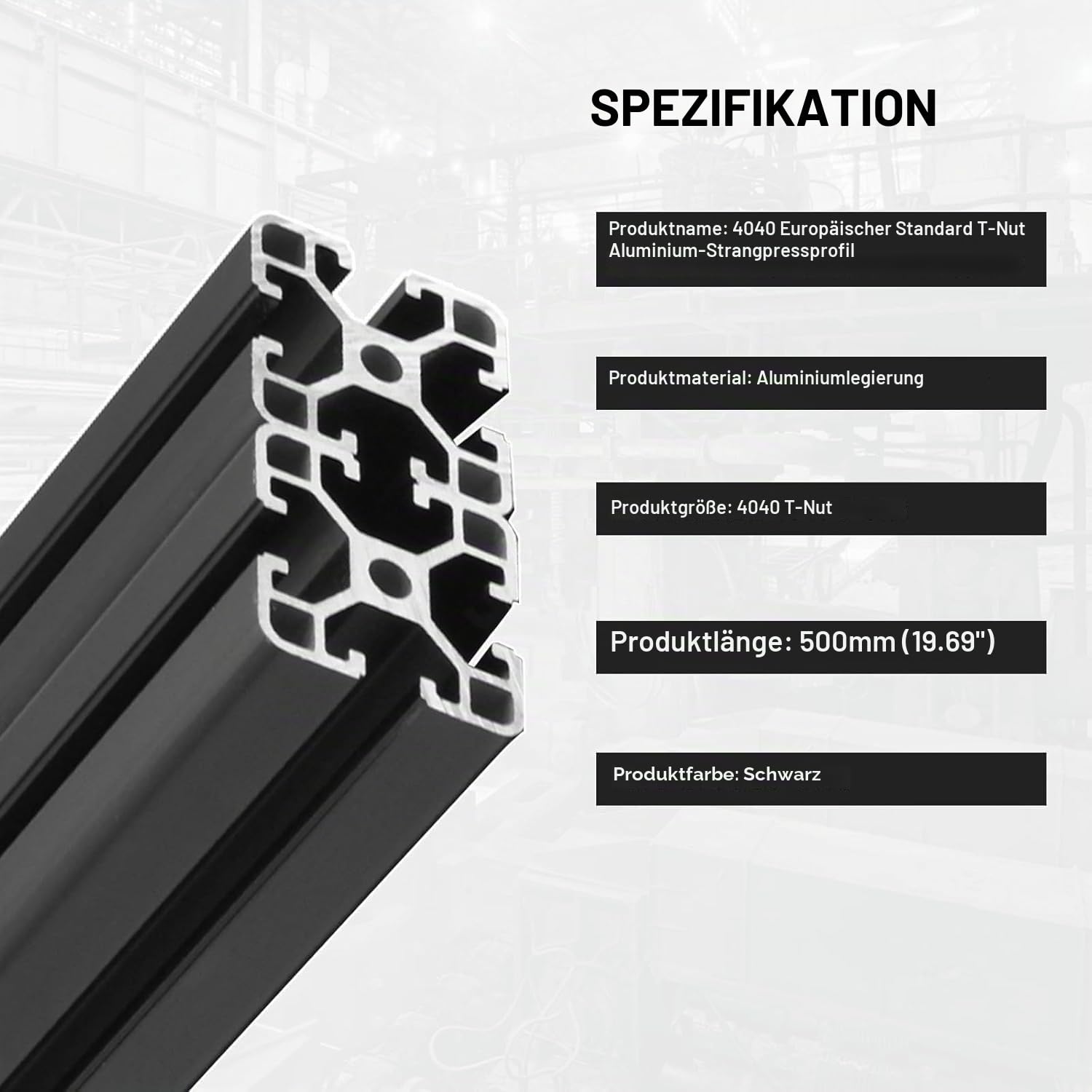 4040 T-Nut-Aluminium-Extrusion, 500 mm, schwarz, extrudiertes Aluminiumprofil, 40 x 40, T-Schlitz-Rahmen, europäischer Standard, eloxierte Linearschiene für 3D-Drucker, Zubehörteile