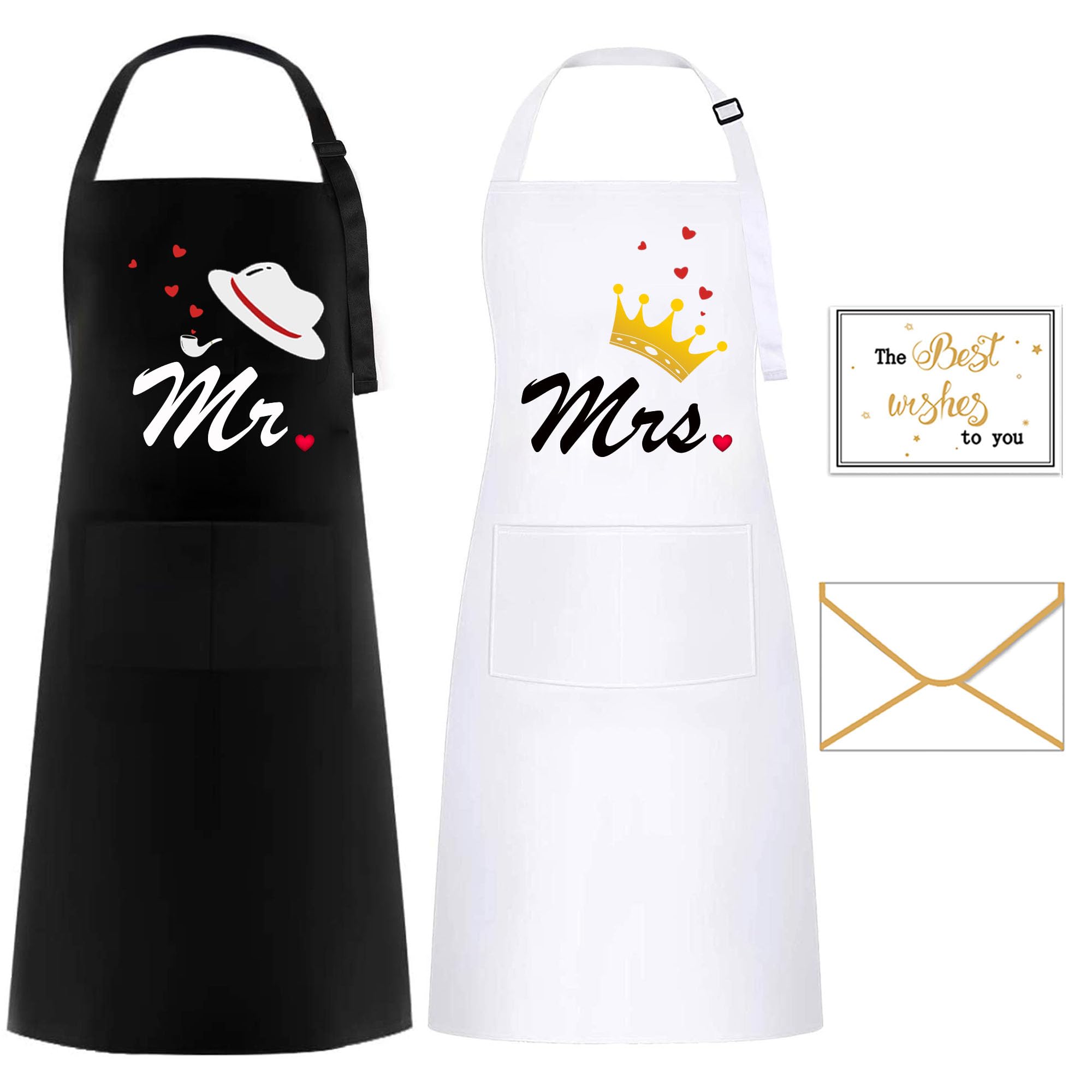 2 Piezas Mr & Mrs Delantal, Ajustable Parejas Delantal con 2 Bolsillo, Regalo para Boda, San Valentín, Aniversario (Bowlerhat & Crown - Blanco & Negro)