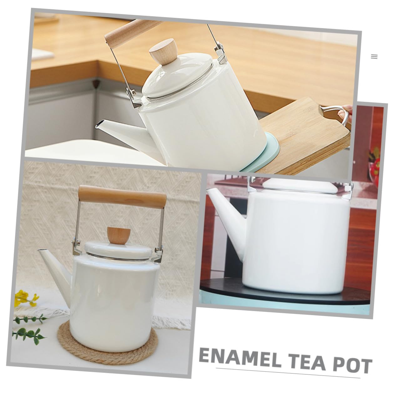 Tetera Esmaltada de 2,4 L Mango de Madera, Color Blanco