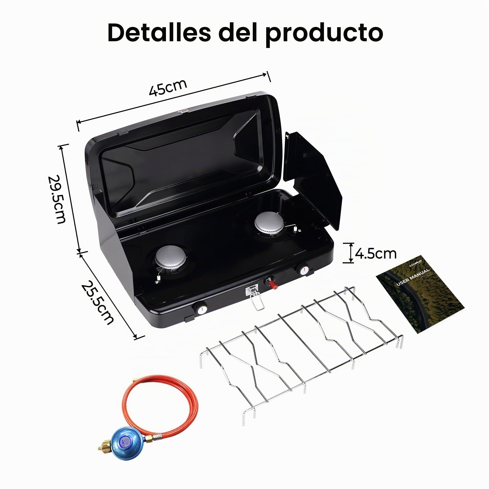 CAMPLUX Hornillo de Gas Portátil con 2 Fuegos, 2.400W, 50 mbar, GPL, para Camping, Protector Viento