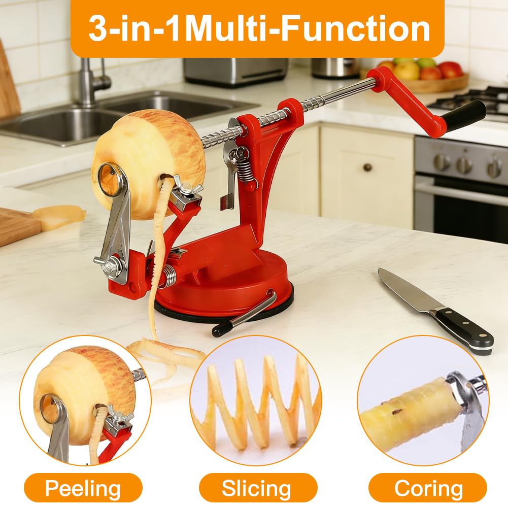 Apfelschäler 3 In 1 Mit Kurbel, Apfelschneider, Apfelentkerner, Apfelschälmaschine Mit Stahlklingen, Multifunktionale Schälmaschine Für Obst Und Gemüse, Rot