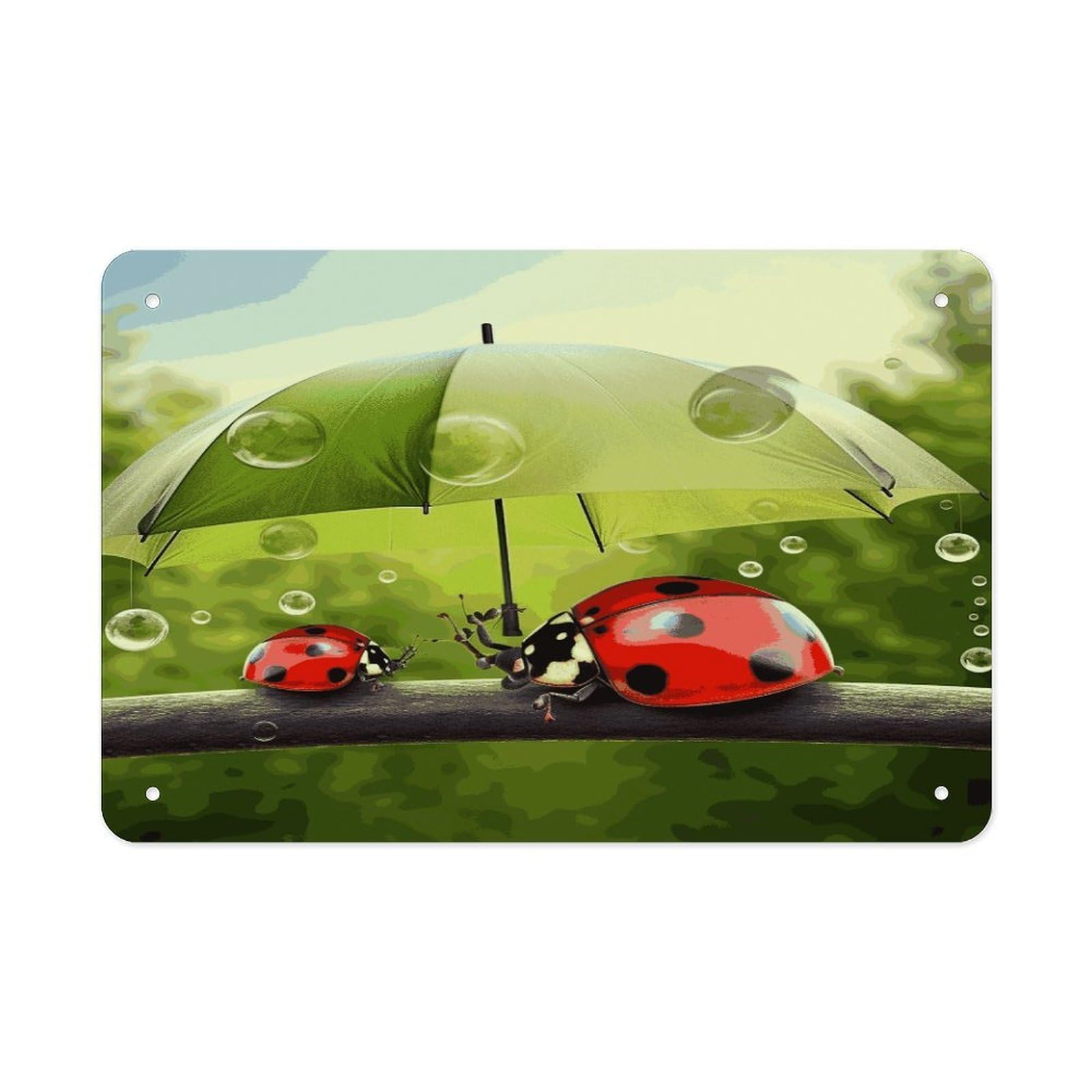 Fekiloot Style Funny Ladybug Holding Umbrellas Metal Signs Wall Art Tin Sign