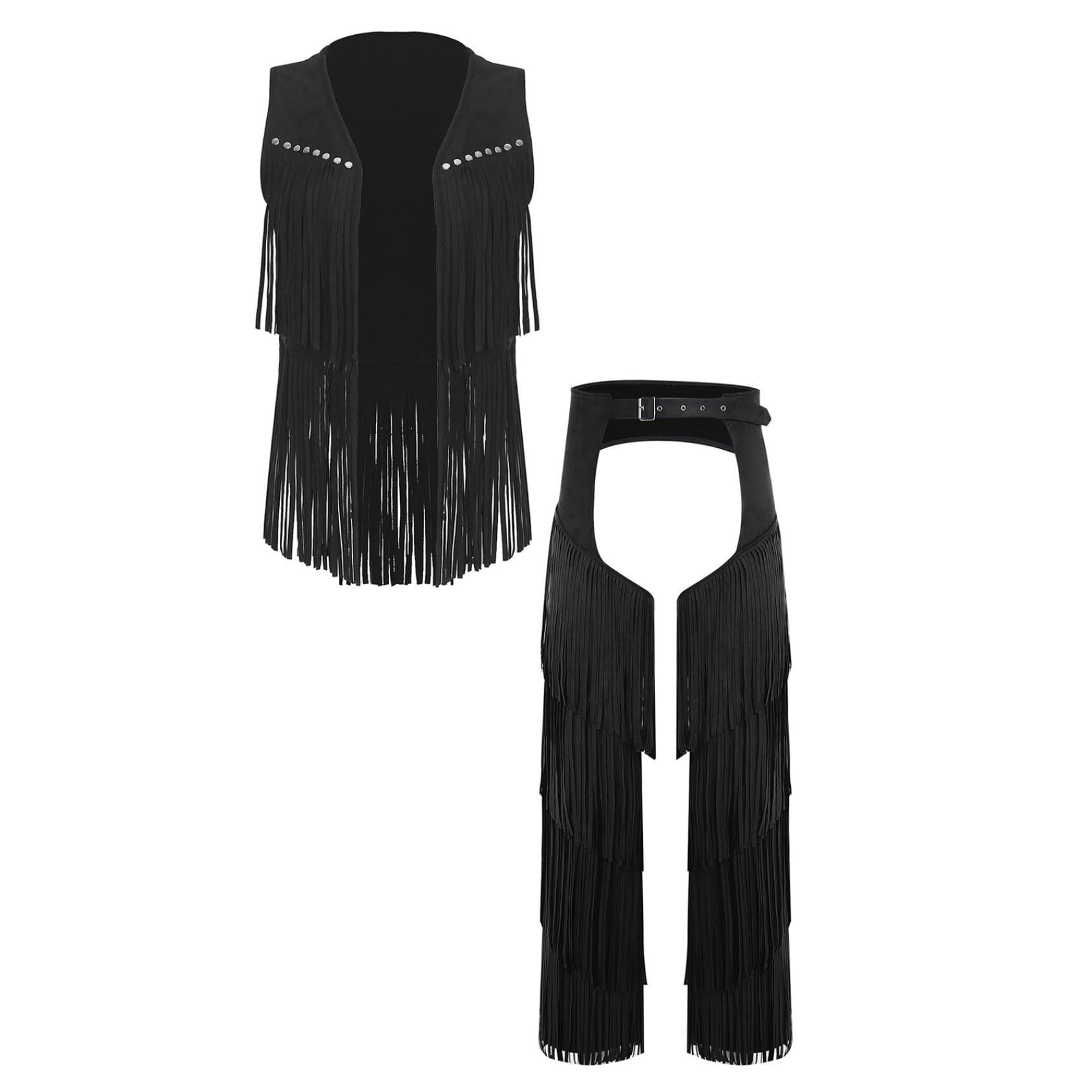 Herren Western Cowboy Kostüm Wildleder Cowboyweste Chaps Hose mit Gestuften Fransen Halloween Fasching Rollenspiel Outfit
