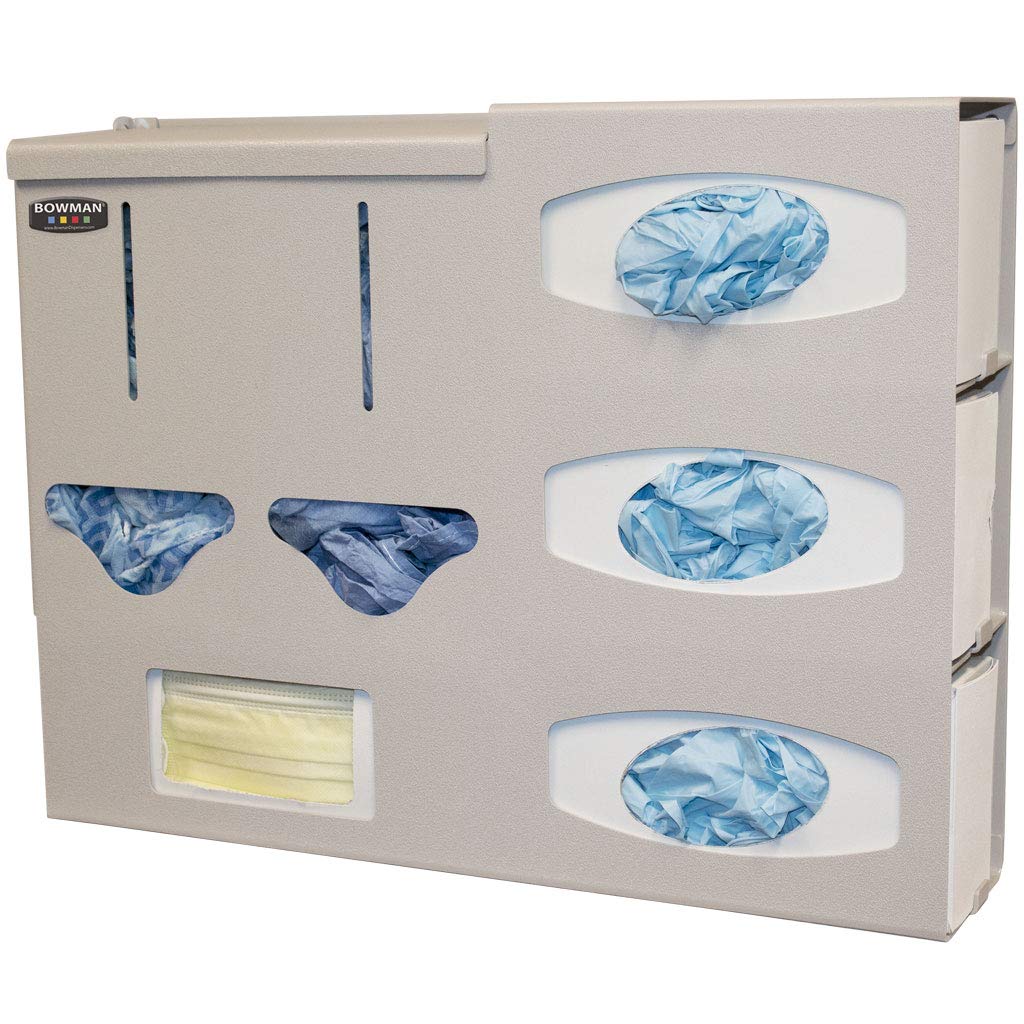 Protective Wear Organizer-Surgical holds PPE or misc items in bulk, 3 glove, and 1 mask box 2 compartments with hinged lid over bulk area. Wall mount or on a BOWMAN® Hanger