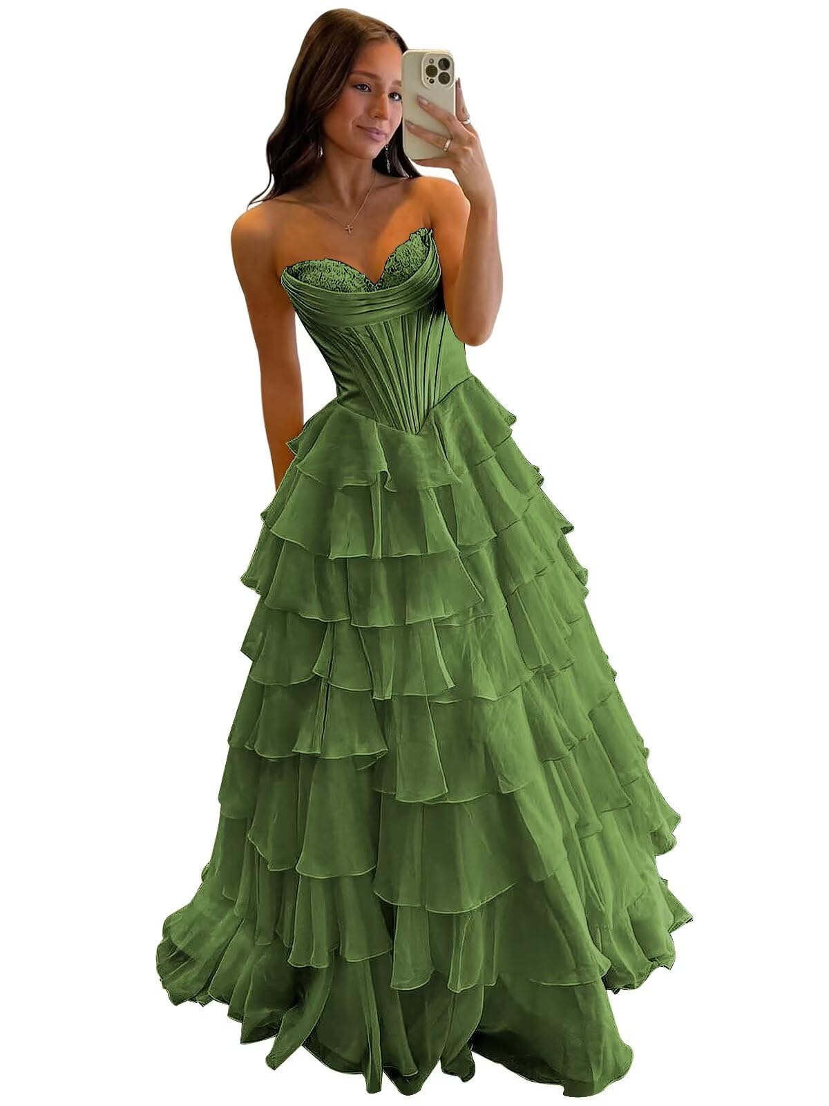 Strapless Corset Prom Dresses for Women 2025 Long Tiered Ruffle Chiffon Formal Evening Gowns with Slit