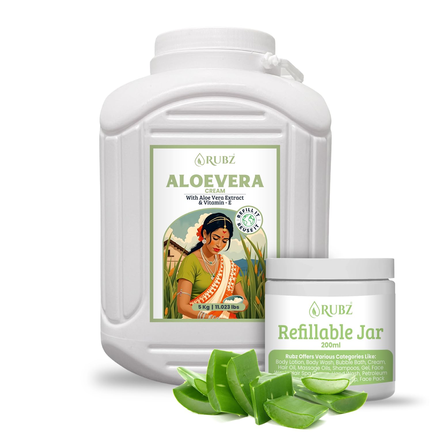 Rubz Aloe Vera Moisturiser Skin Cream for Face, Hands & Body | Enriched With Pure Aloe Vera Extract & Vitamin E | Non-Greasy | for Men & Women | 5 kg With 200ml Refillable Jar-image-36