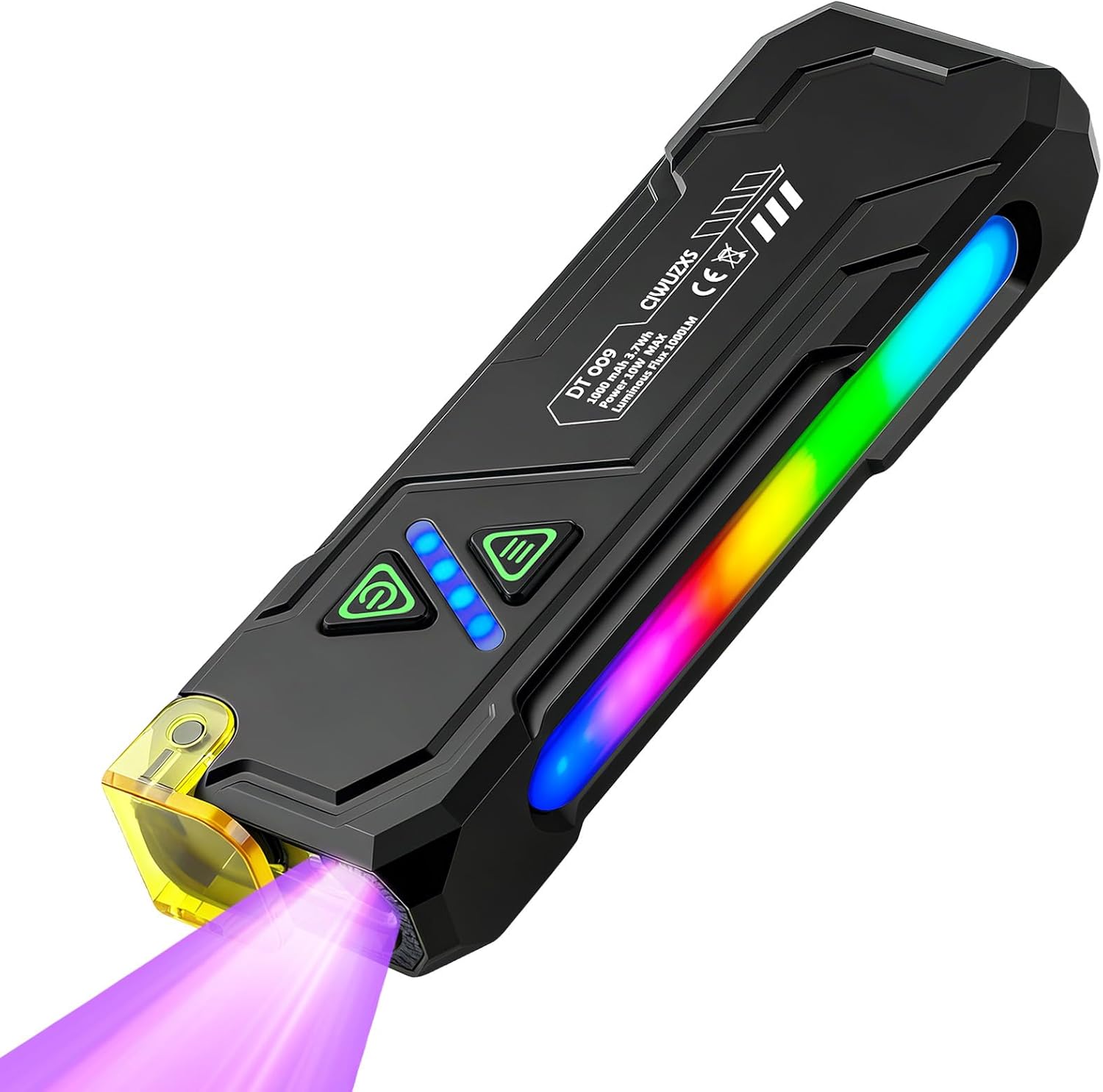 EDC Rechargeable Flat Flashlight 1000 Lumens White LED/UV/RGB Ambient Signaling Flashlights, Magnetic Clip on Pocket Light for Outdoors, Emergency, Working (1, Black, Compact)