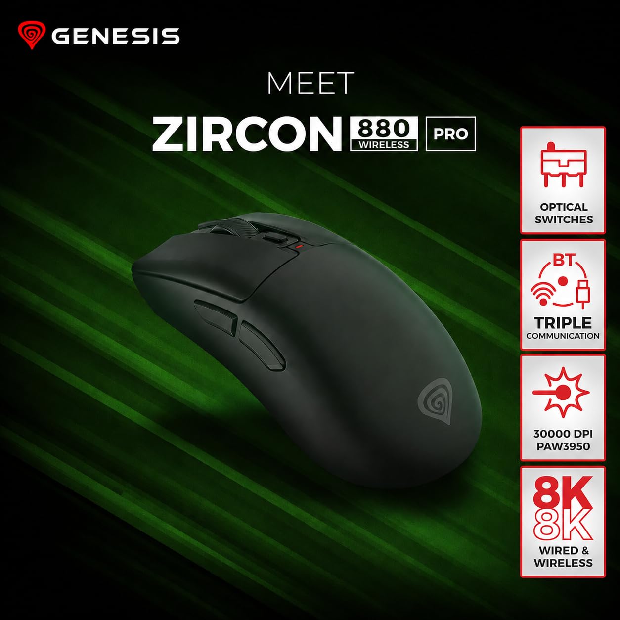 Genesis Zircon 880 PRO mysz gamingowa 8K, 30 000 DPI, bezprzewodowa i przewodowa, PixArt PAW3950, 8000 Hz Polling, Kailh Optical, ultralekka 64 g, Bluetooth/2.4 GHz/USB-C, 6 programowalnych przycisków