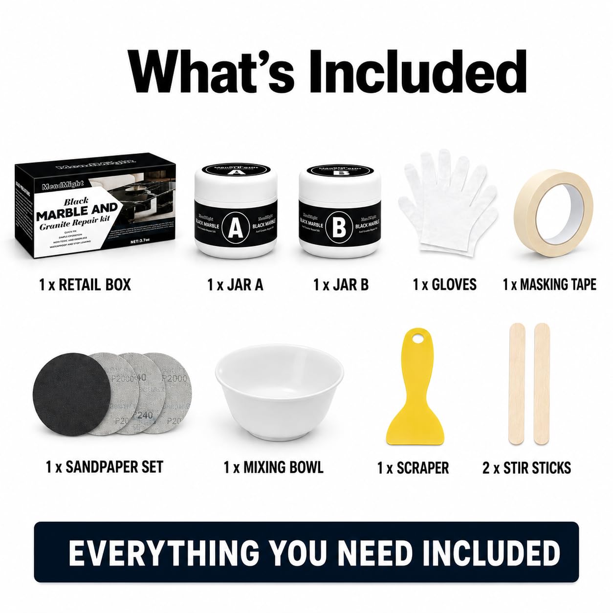 Kit Riparazione Piastrelle Nero, Colla per Ceramica, Stucco per Piastrelle, Colla per Piastrelle per Scheggiature, Crepe, Graffi su Piani di Lavoro in Granito, Marmo, Quarzo