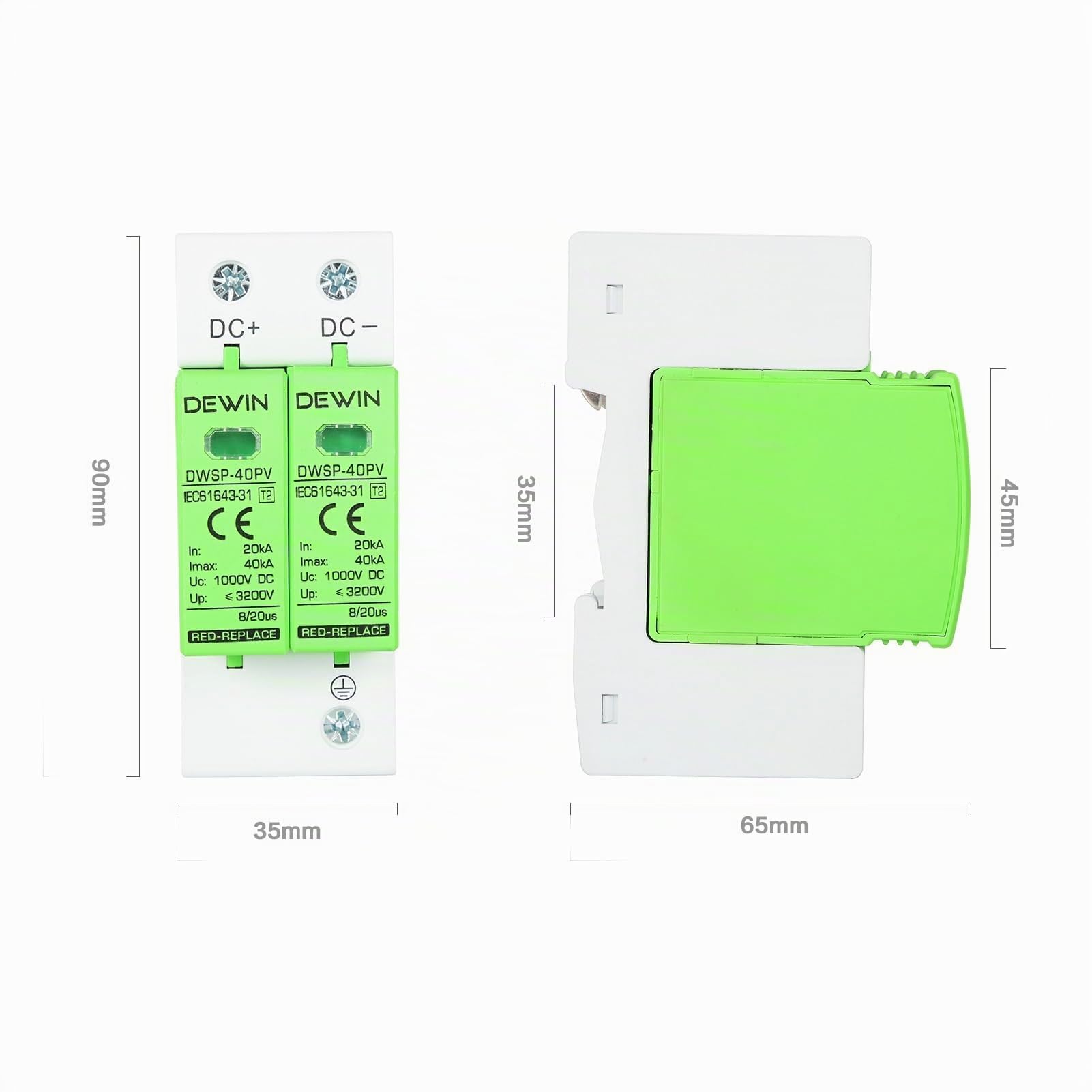 DEWIN Scaricatore di Sovratensione 2P 40KA DC 1000V Fotovoltaico Protezione Fulmini
