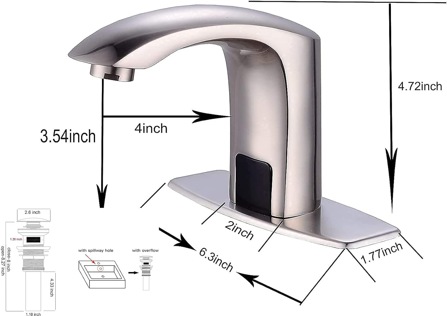 Automatic Sensor Touchless Bathroom Faucet Brushed Nickel Match Pop Up Drain with Overflow Motion Actived Solid Brass Bathroom Sink Faucet with Hole Cover Plate Hands Free Vanity Faucets Deck Mount