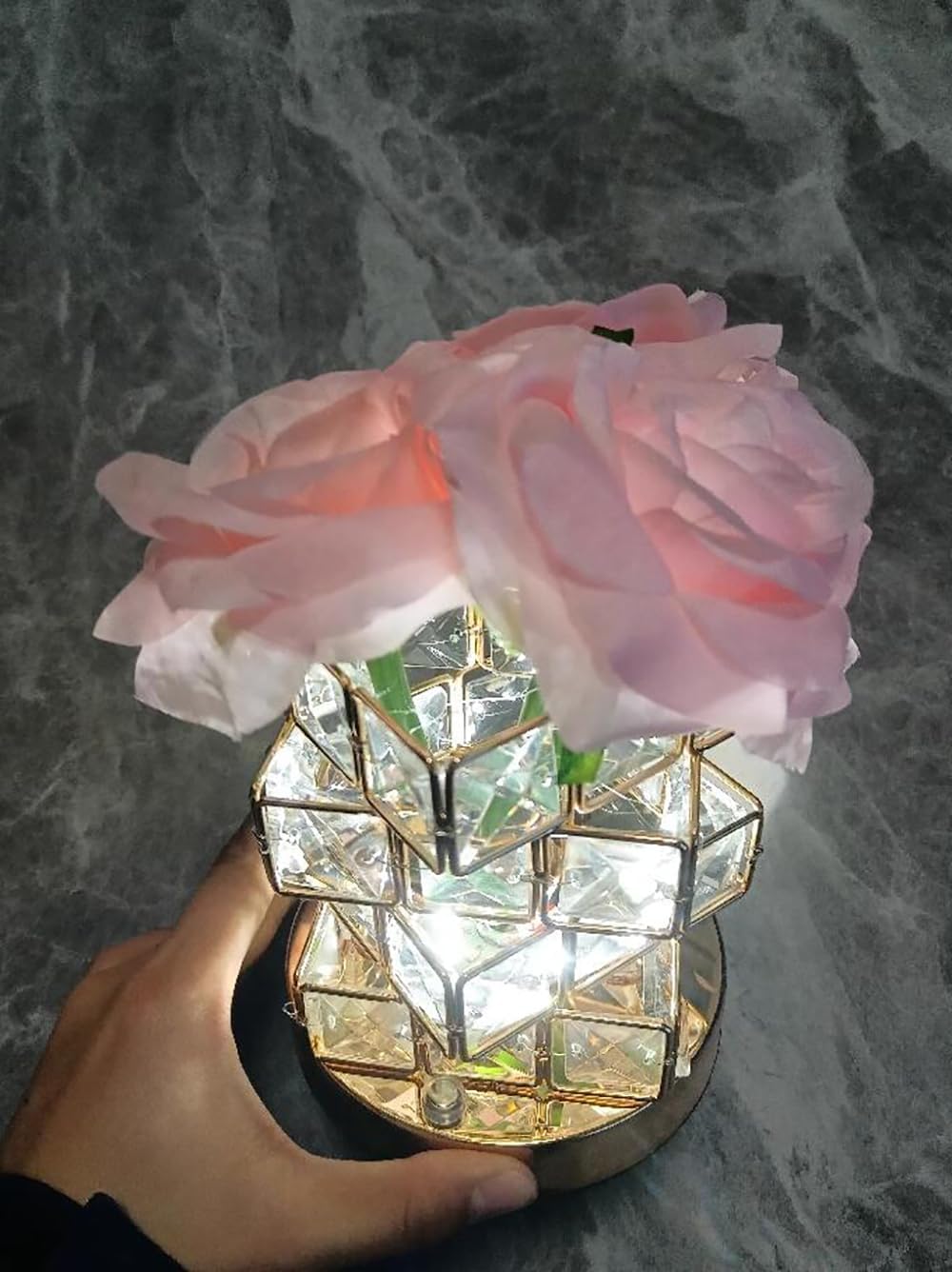 Design Crystal Table Lamp Adjustable Three Color Light Source Geometric Wire Frame Decorative Light with 4.9 x 3.5 Inches