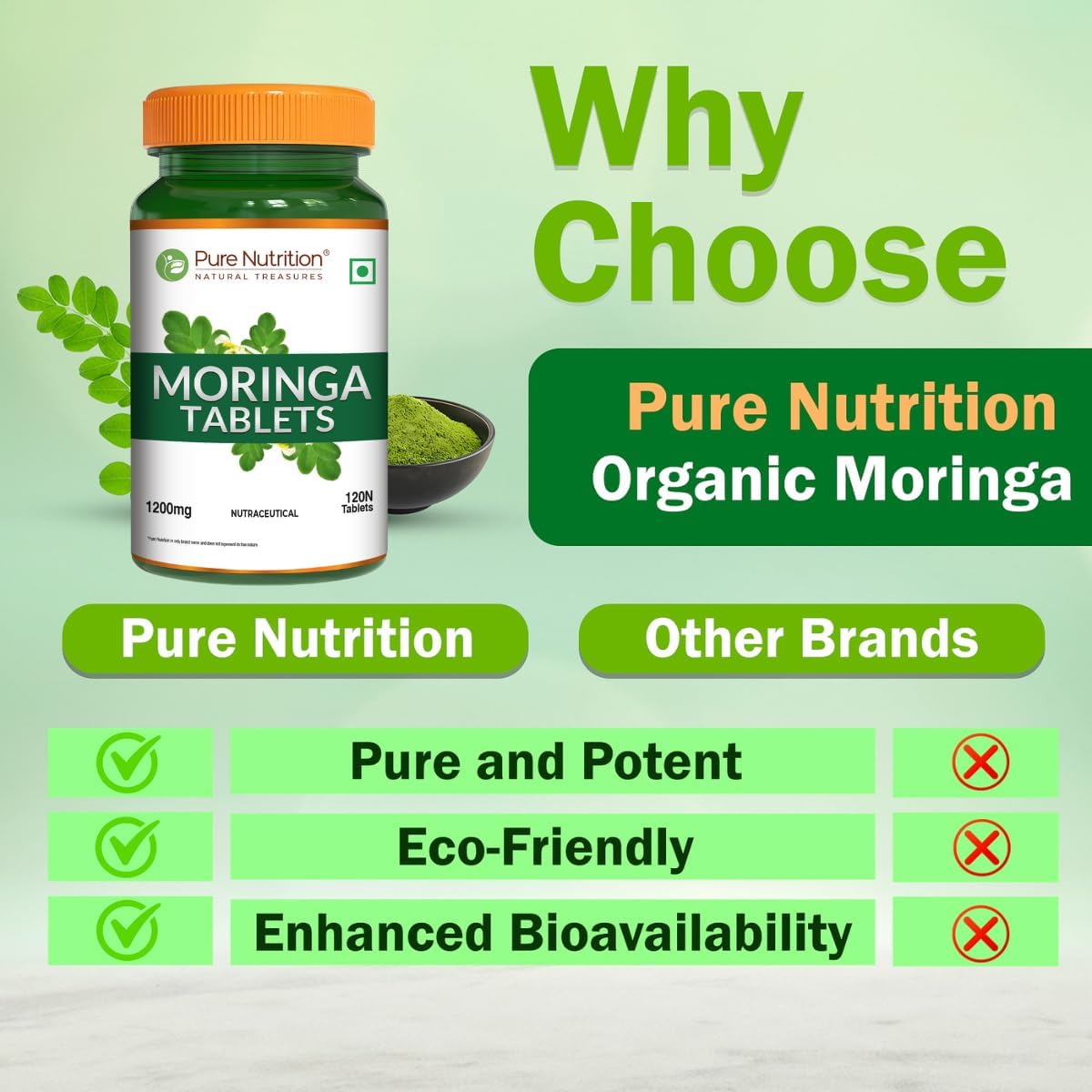 Pure Nutrition Organic Moringa 1200mg |120 Veg Tablets | USDA Certified Organic | Superfood with Vitamins, Minerals and Essential antioxidants | Vegan Supplement | Non-GMO