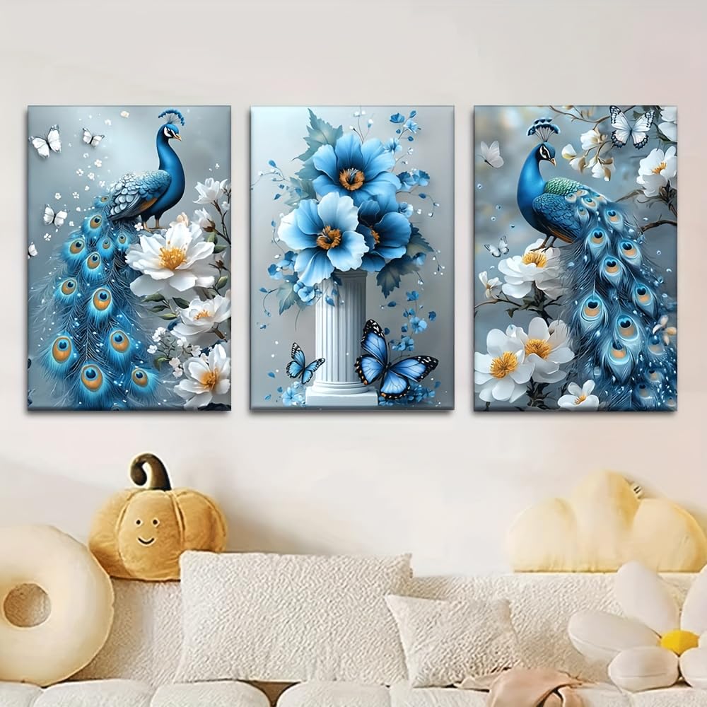 Cuadro de pavos reales que inspira elegancia natural y serenidad floral azul en tu dormitorio