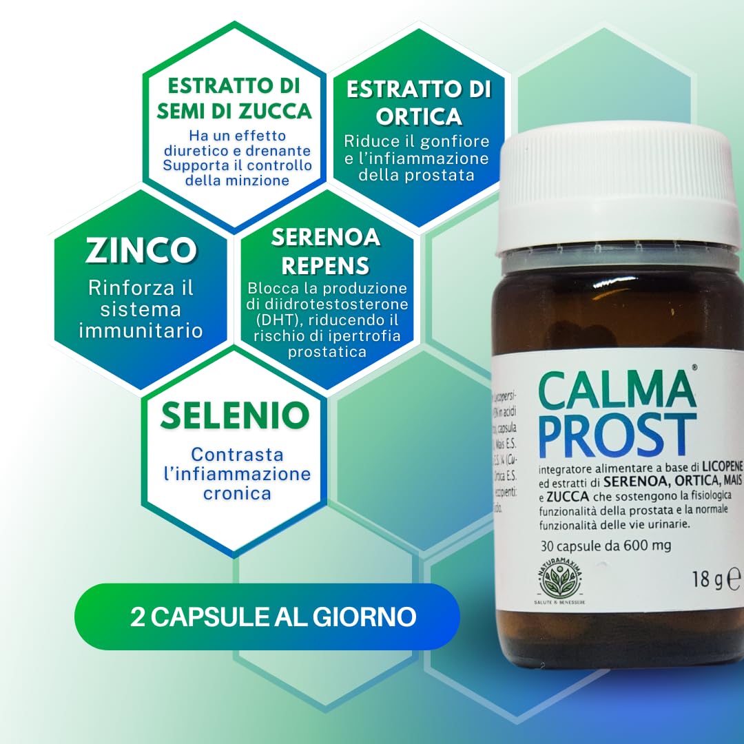 CALMAPROST – Integratore Naturale per Benessere della Prostata e Funzionalità Urinaria, 30 Capsule con Serenoa Repens, Licopene, Zinco e Selenio