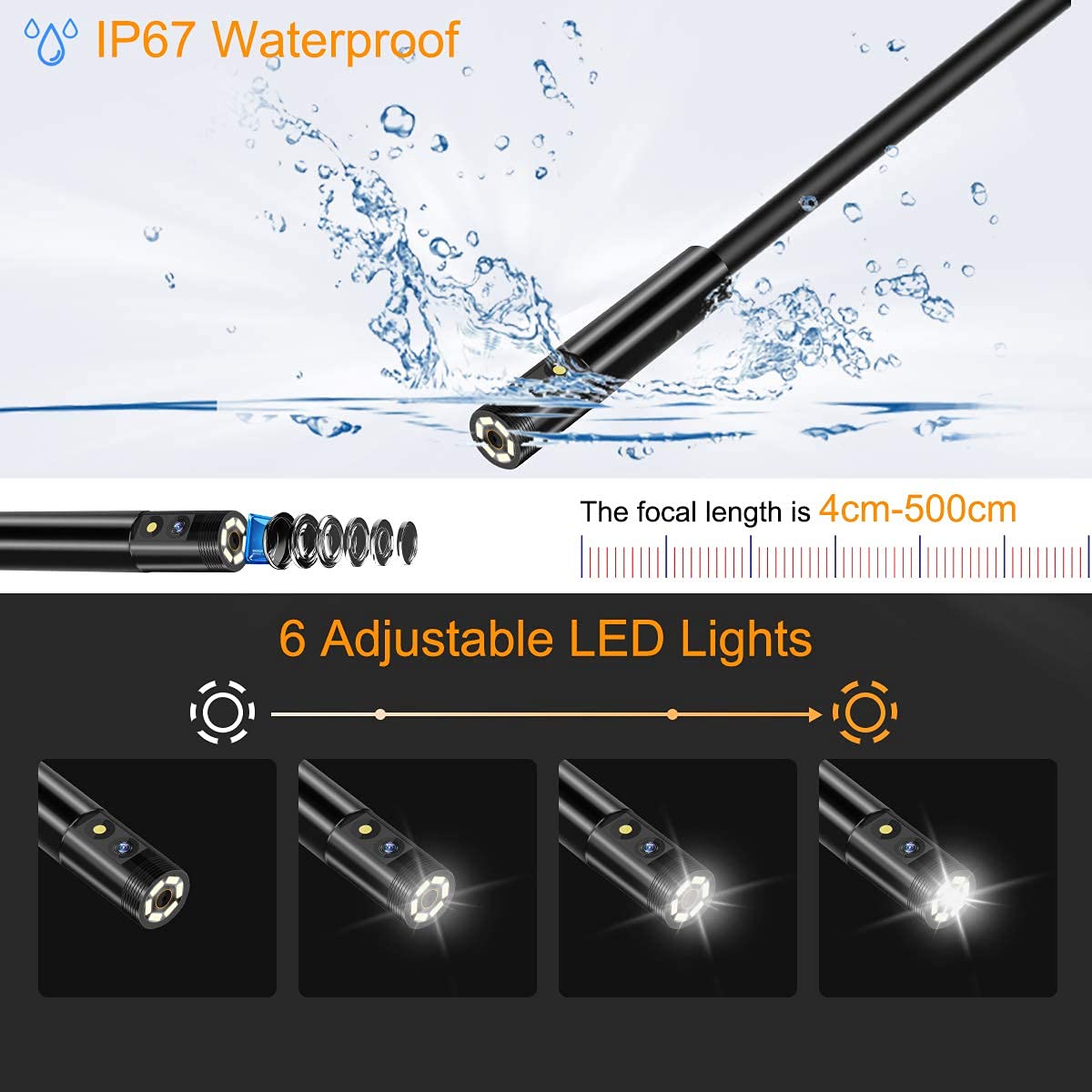 VEVOR Caméra Endoscopique Endoscope Double Objectif Écran IPS 4,3" Câble 5 M