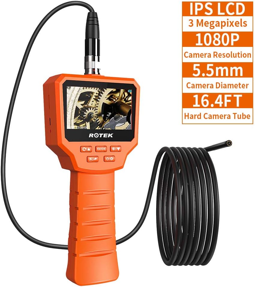Digital Inspection Camera, ROTEK 3.0 Inch 1080P Full HD IPS LCD Screen, 3.0 Megapixels Industrial Endoscope Camera 6 LED with IP67 Waterproof Semi-rigid Handheld Video Borescope Snake Camera, 5 Meter