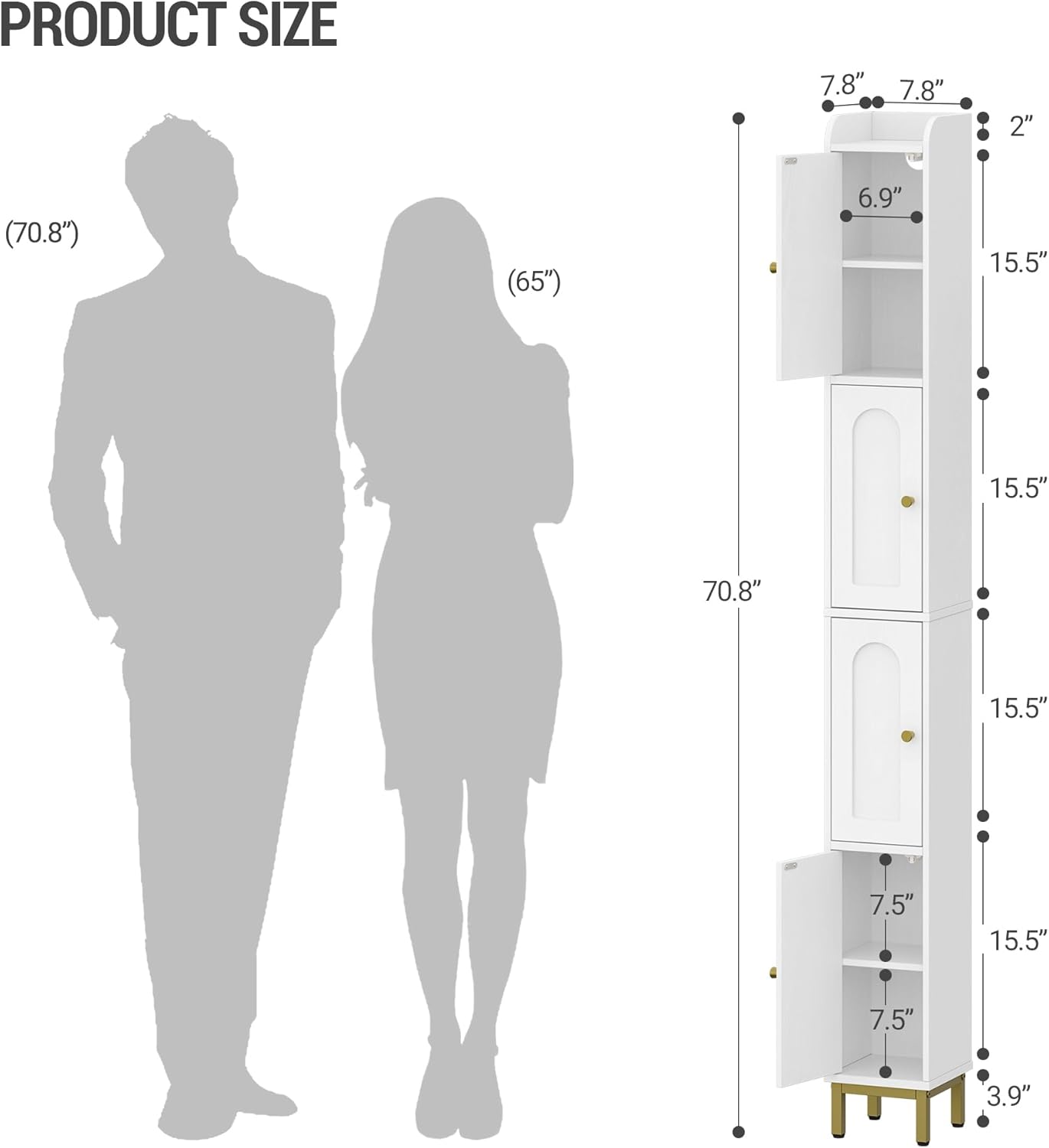 hzuaneri 4-tier narrow tall storage cabinet, slim bathroom storage cabinet with 4 adjustable feet and shelves, bathroom organization for small space, kitchen, living room, laundry room white bc42213g 7.9 "d x 7.9 "w x 70.9 "h white