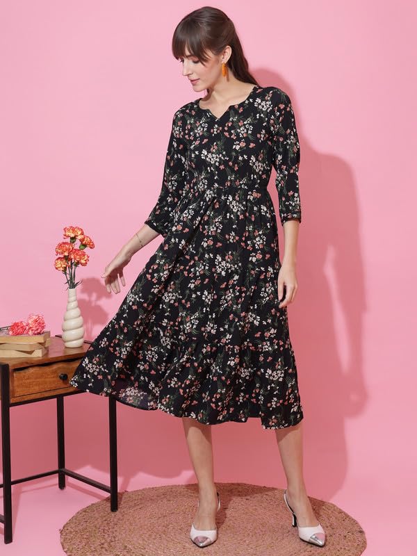 Image of Sheetal Associates Women's Casual 3 /4 Sleeve Crepe Fit and Flare Dress| Comfortable Relaxed Fit Summer Party Dress
