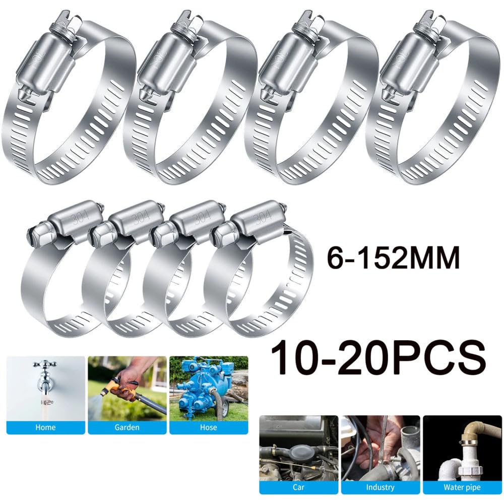 10-20PCS Abrazadera de manguera de acero inoxidable Kit surtido ajustable de 6 a 152 mm Abrazadera de línea de combustible de metal con engranaje helicoidal para plomería de tuberías de agua, 27,51 mm