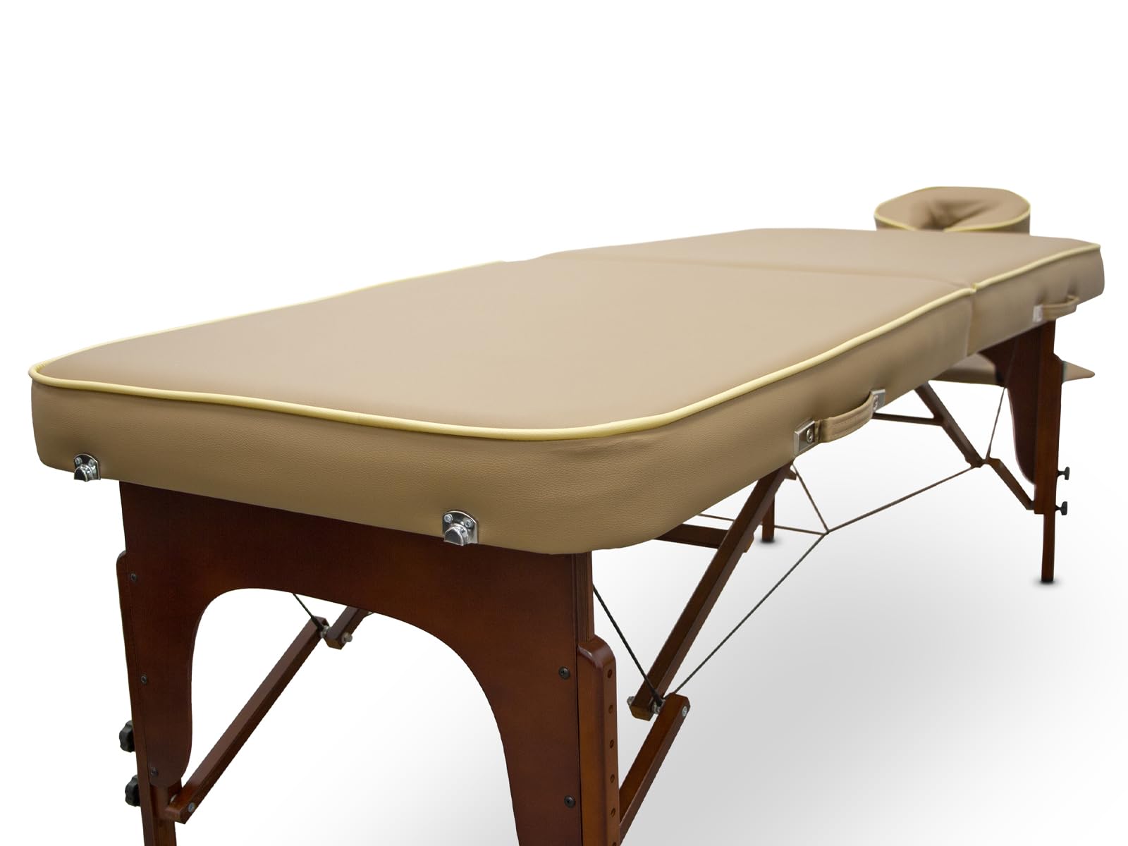 QUIRUMED Camilla de Masaje para SPA, Portátil, de Madera, Color Arena, Madera Barnizada, Polipiel, Relleno de Alta Densidad, Altura Regulable, Plegable, Cabezal Desmontable, hasta 210 kg
