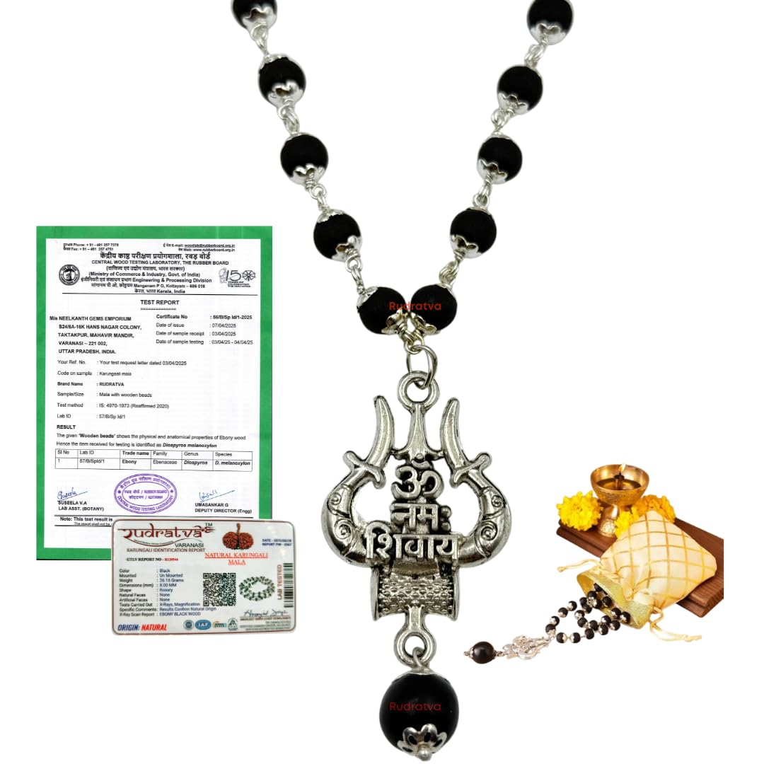 Rudratva OM Shiva Trishool Karungali Mala original| Black Ebony Wood Original Karungali Malai| Protection, Meditation, Healing, Energy Balance, Shiva Bhakti Mala | For Men & Women