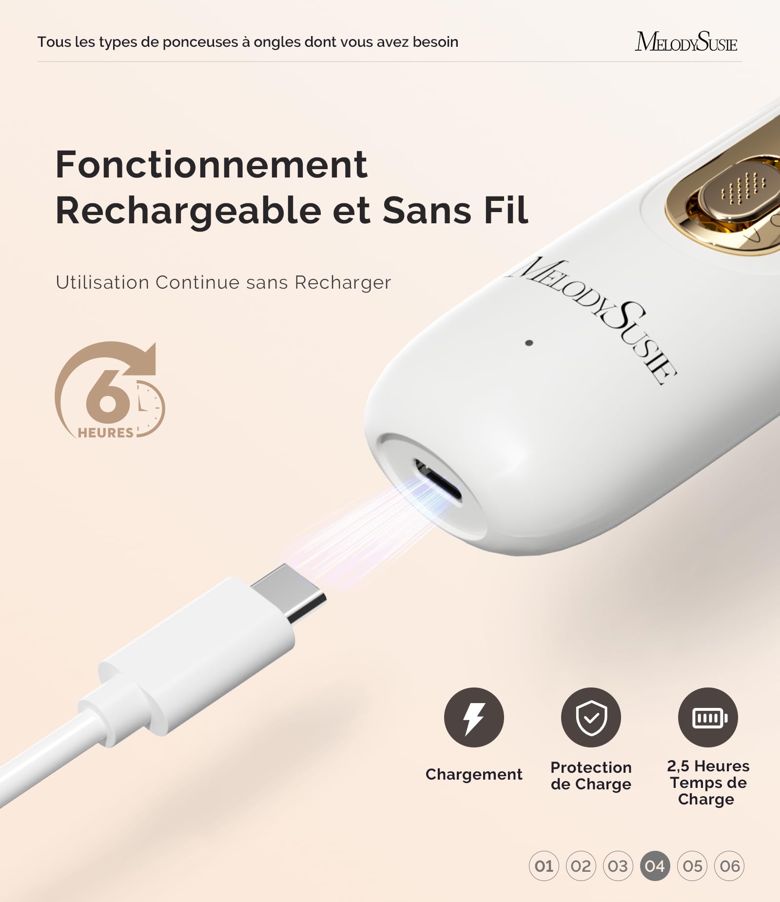 MelodySusie ponceuse pour ongles PC760G , Kit Manucure Pédicure avec 8 Embouts & Lumière LED 360°, 5 Vitesses Réglables, Rechargeable Sans Fil pour Soins à Domicile (Blanc&Or)