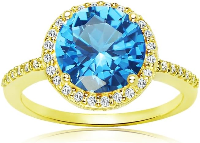 Ice Gems Sterling Silver Simulated Blue Topaz and Cubic Zirconia Round Halo Ring