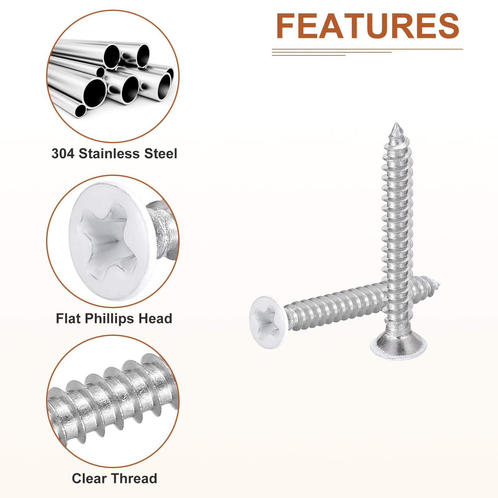 DTGN 50Pcs ST3.5x25mm Flat Head Wood Screws, 304 Stainless Steel White Phillips Self Tapping Screws - Image 4