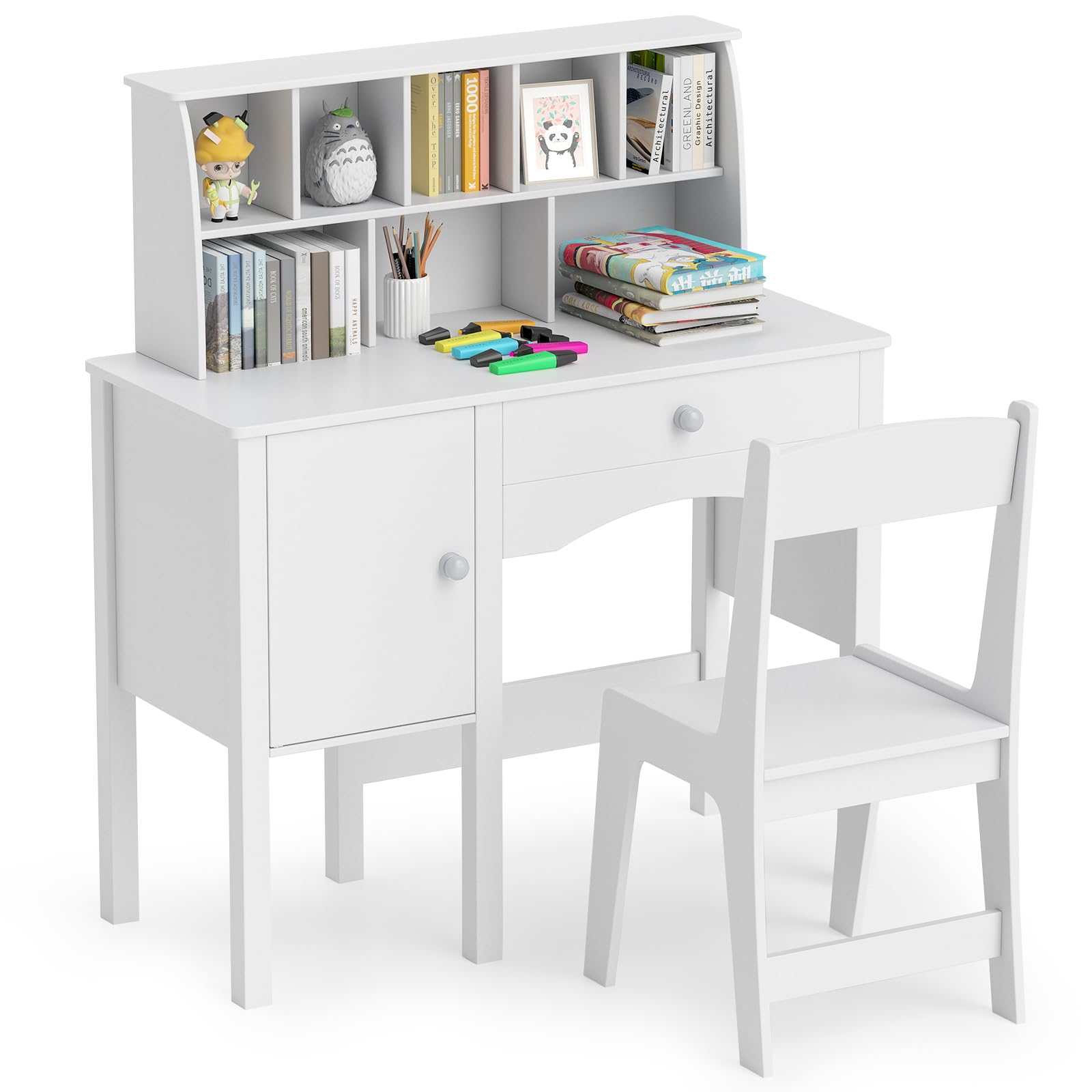 GOPLUS Bureau Garcon Fille, Table Enfant avec Chaise, Clapier 8 Cases, Grande Armoire et Tiroir, Dossier Ergonomique, Bureau Enfant en Bois avec Rangement