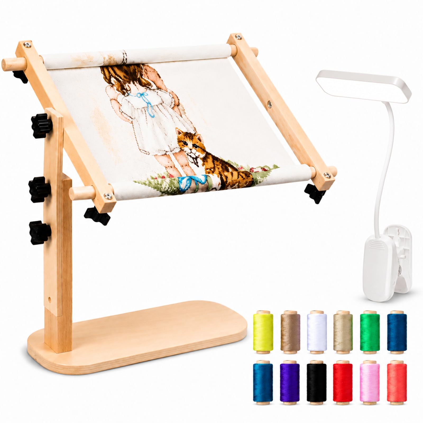 Adjustable Tabletop Embroidery Stand – Cross Stitch Frame Holder, 360° Rotating Stable Sitting-Base, Needlepoint Lap Rack for Needlework Punch Needle with Height & Angle Adjustment (A+Light,23*46)