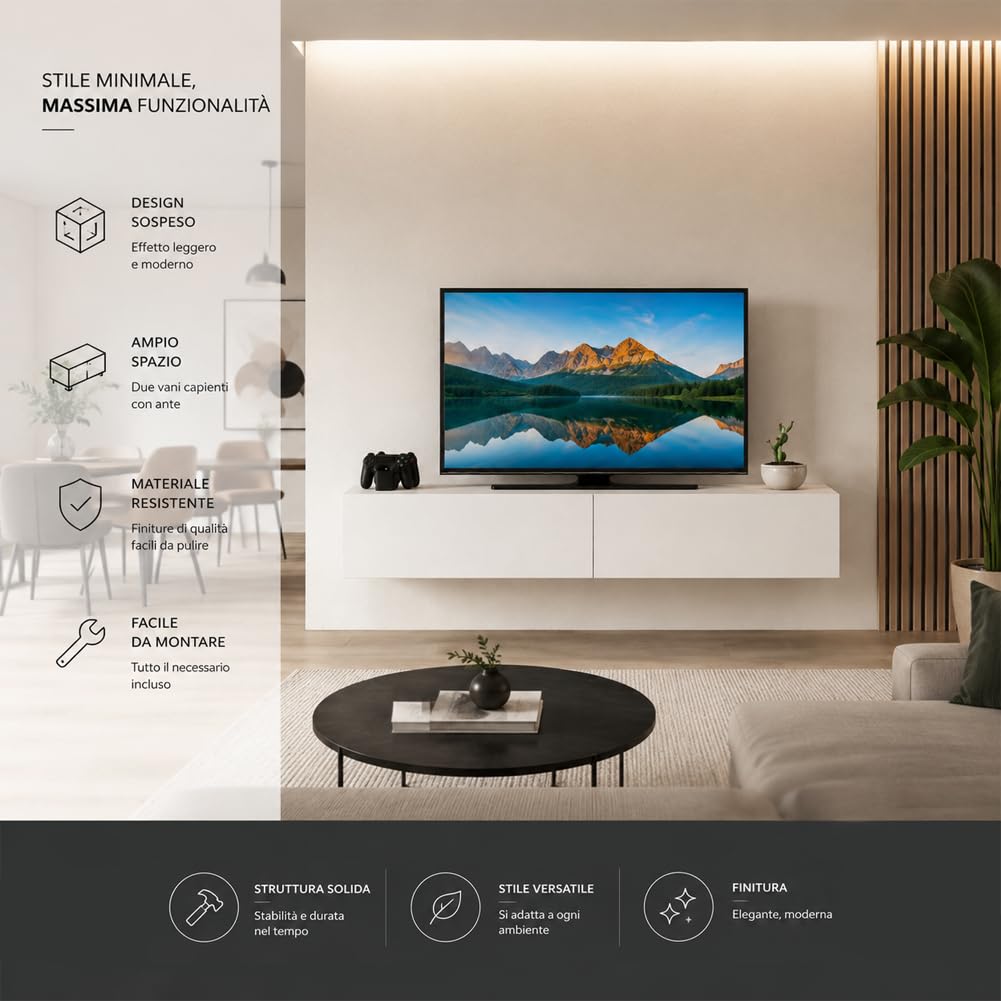 Shally Dogan Mobile Porta Tv Sospeso Design Moderno, Mobiletto da Parete per Soggiorno con Doppio Cassetto, Struttura Resistente, Ideale per Casa e Ufficio, 135 x 31.5 x 25 cm (Bianco)