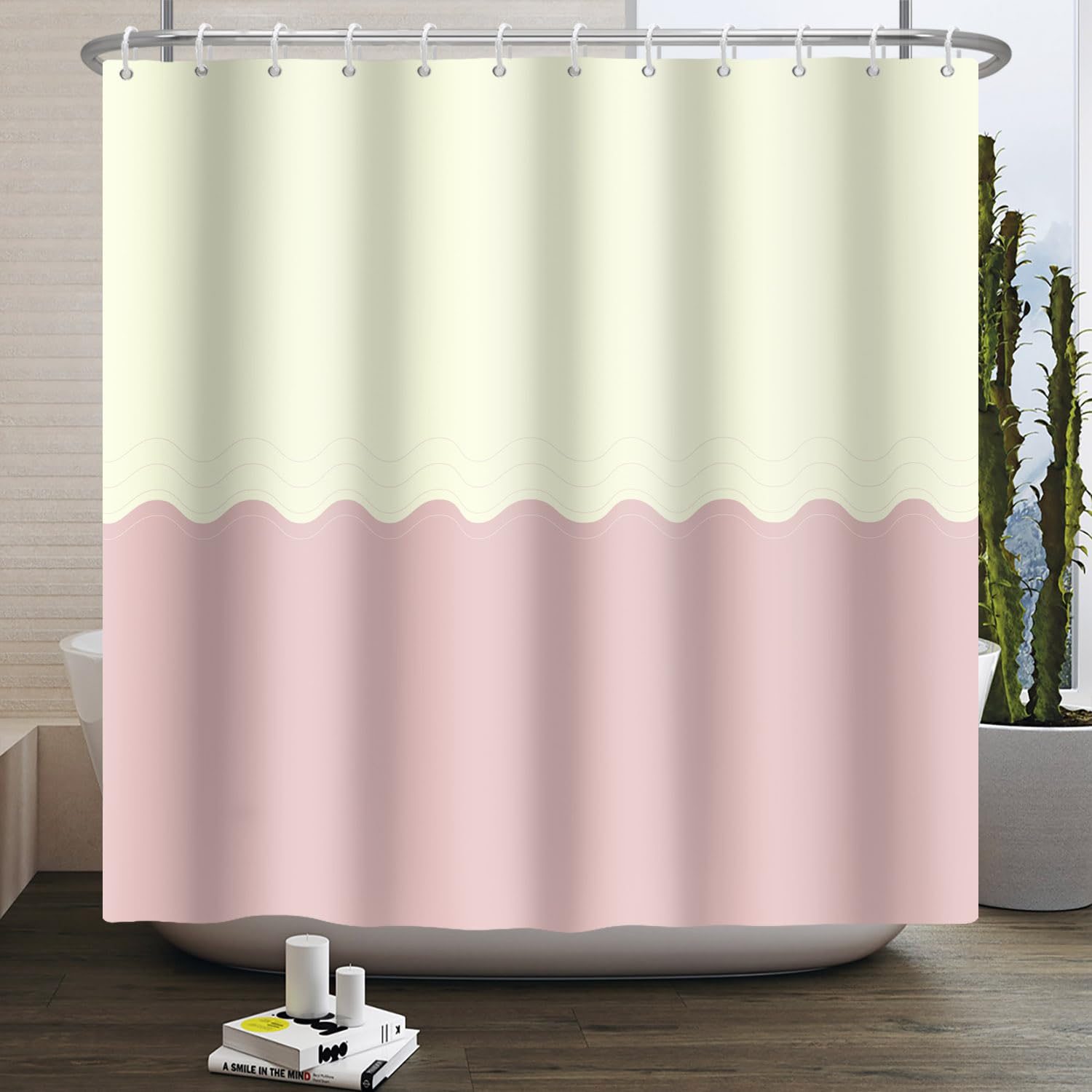 SDOTPMT 175x183cm Yellow Pink Bicolor Shower Curtain Minimalist Theme Fabric Polyester Bath Curtain Classic Traditional Plain Color Bathtub Curtain for Bathroom Decor Waterproof with Hooks — image 1