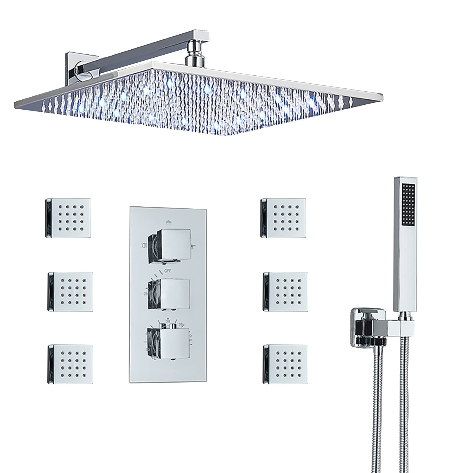 Zestaw Prysznicowy Led Z Termostatyczną Baterią Ścienną, Chromowaną Deszczownicą, Mieszaczem 3-Drożnym, Głowicą 12/16 Cala, Ręcznym, 6 Dyszami, 16 Cali(12 Cali)