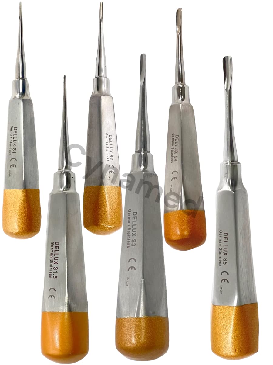 ArtLaB-Dental Luxating Elevator Dental Root Elevators Straight Curved Tip-Periotome Luxating Elevator Apical Root Dental Elavators Extracting Extraction (Elevator Set of 6 STR Gold)
