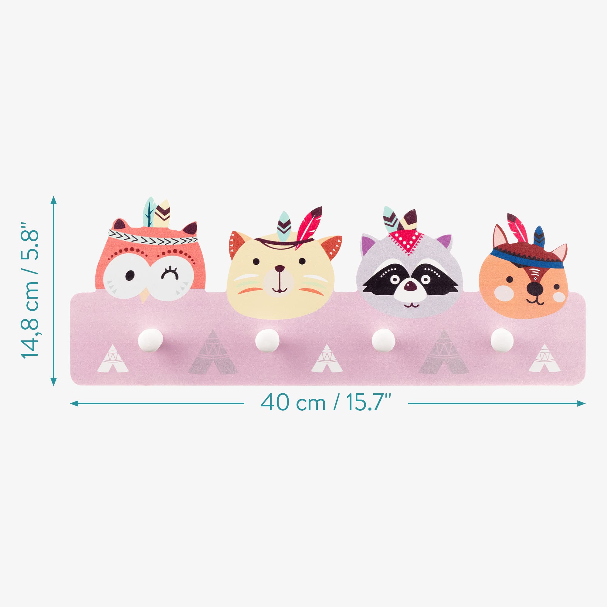 Navaris Porte Manteau pour Enfant – 4 patères murales en Forme d'animaux Sauvages 40 x 14,8 x 0,9 cm – Chambre Maternelle crèche
