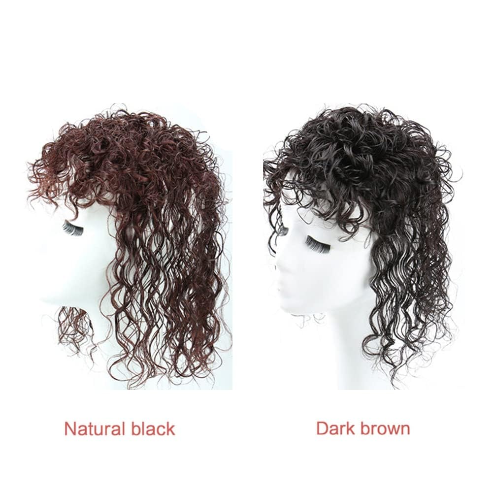 Curly Wavy Topper With Fluffy Bangs Human Hair Topper Hairpiece Replacement Wiglet For Women Thinning Hair (Natural Black,25cm)