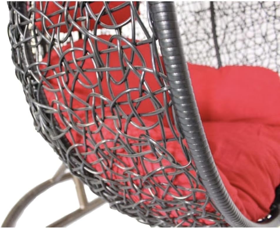 Image of Single Seater Swing Chair with Stand & Cushion Outdoor Indoor Balcony Garden Patio, Powder Coated Frame, UV-Protected Wicker, Premium Cushion, Swing Chair (Black::RED)