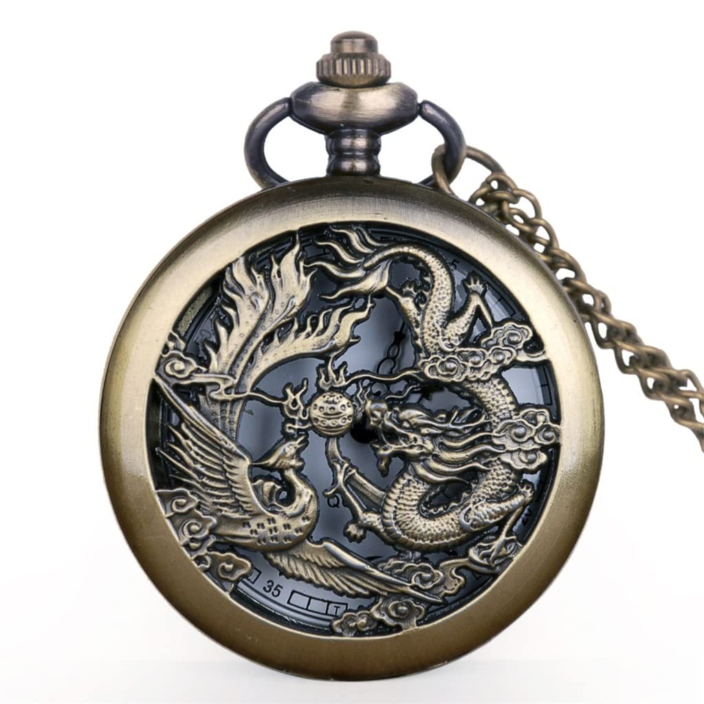 Montre de poche à quartz dragon chinois style rétro collier pendentif gainé de cuir homme