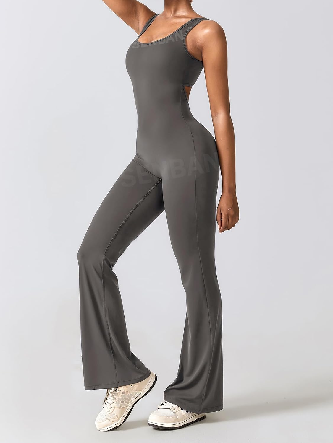 SENBAN Women Sleeveless Flare Jumpsuits Sexy Padded Backless Bodycon Rompers V Back Scrunch Butt Yoga Unitard Playsuit Grey L
