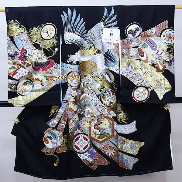 お宮参り 産着 のしめ 男児 正絹 綸子地 金刺繍 鷹 紺地 NO39281 お