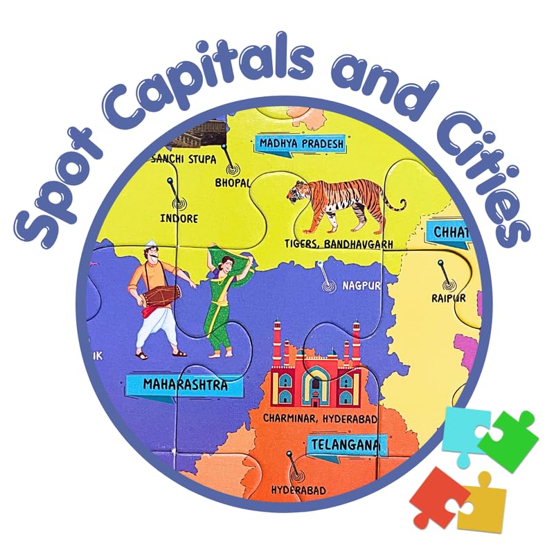 Image of CocoMoco Kids India Map Puzzle for Kids | 56-Pieces Jigsaw Puzzle with States, Cities, Animals & Monuments | Educational Geography Game Birthday Return Gift for 3-7 Years Old Boys & Girls