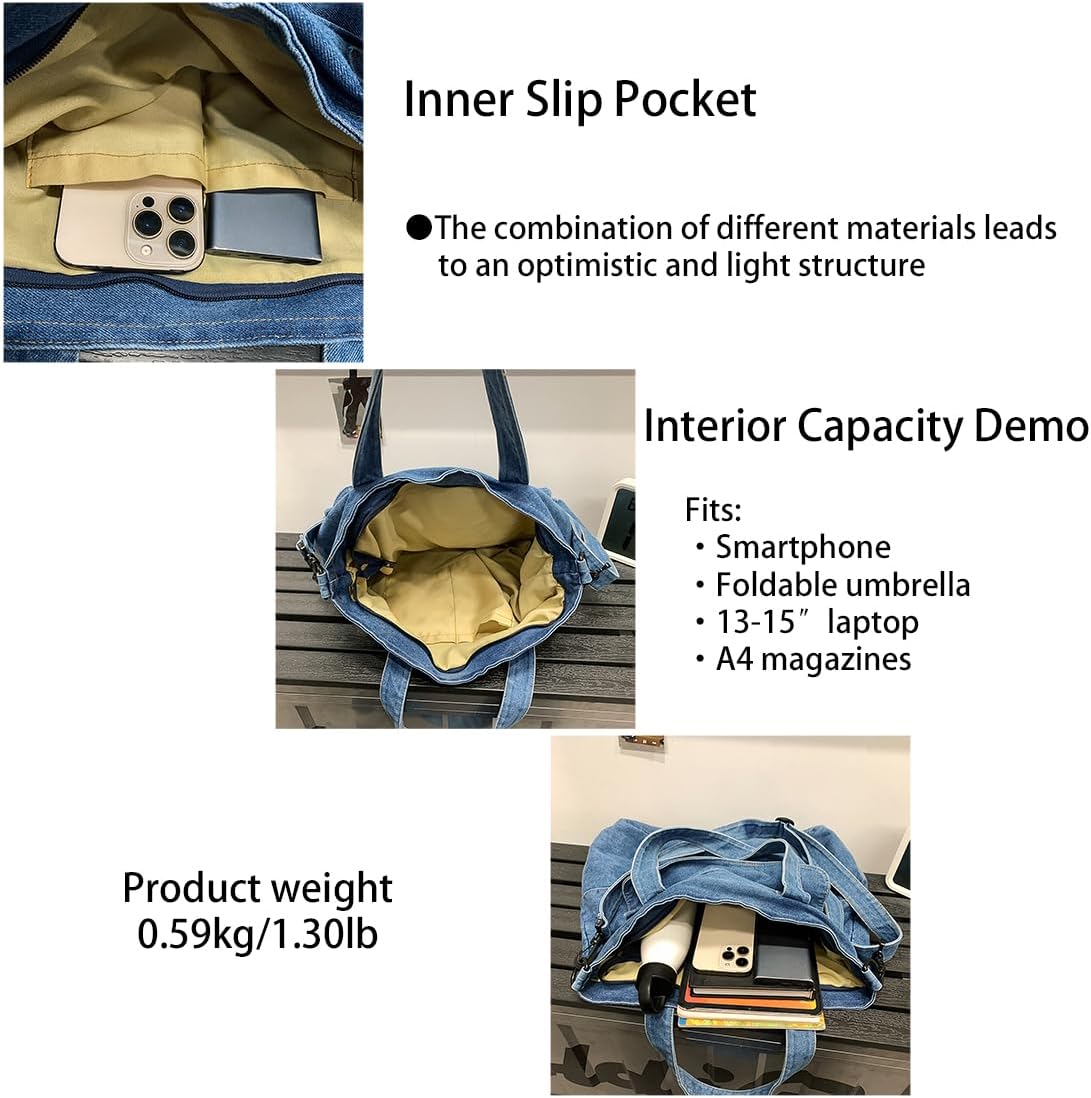 MaxxCloud Stylish Denim Tote Bag-Adjustable Crossbody Purse for Women&Men,Large Travel Shoulder Bag with Multiple Pockets