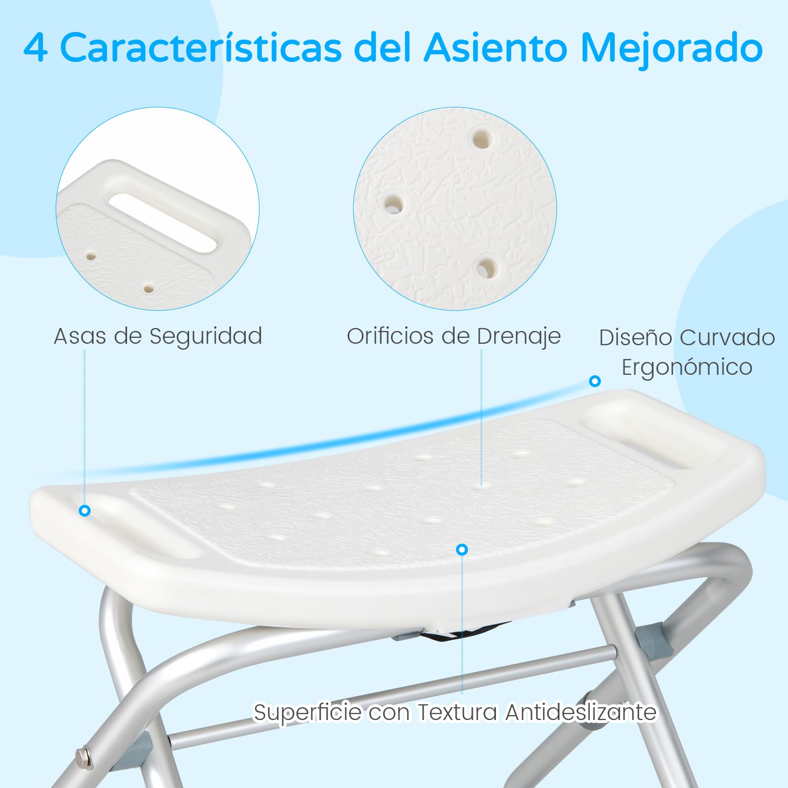 RELAX4LIFE Taburete Baño Plegable con 3 Altura Ajustable 49-52,5cm, Taburete Ducha Antideslizante de Aluminio y HDPE con Orificios de Drenaje para Personas Mayores, Discapacitadas, Carga 150kg