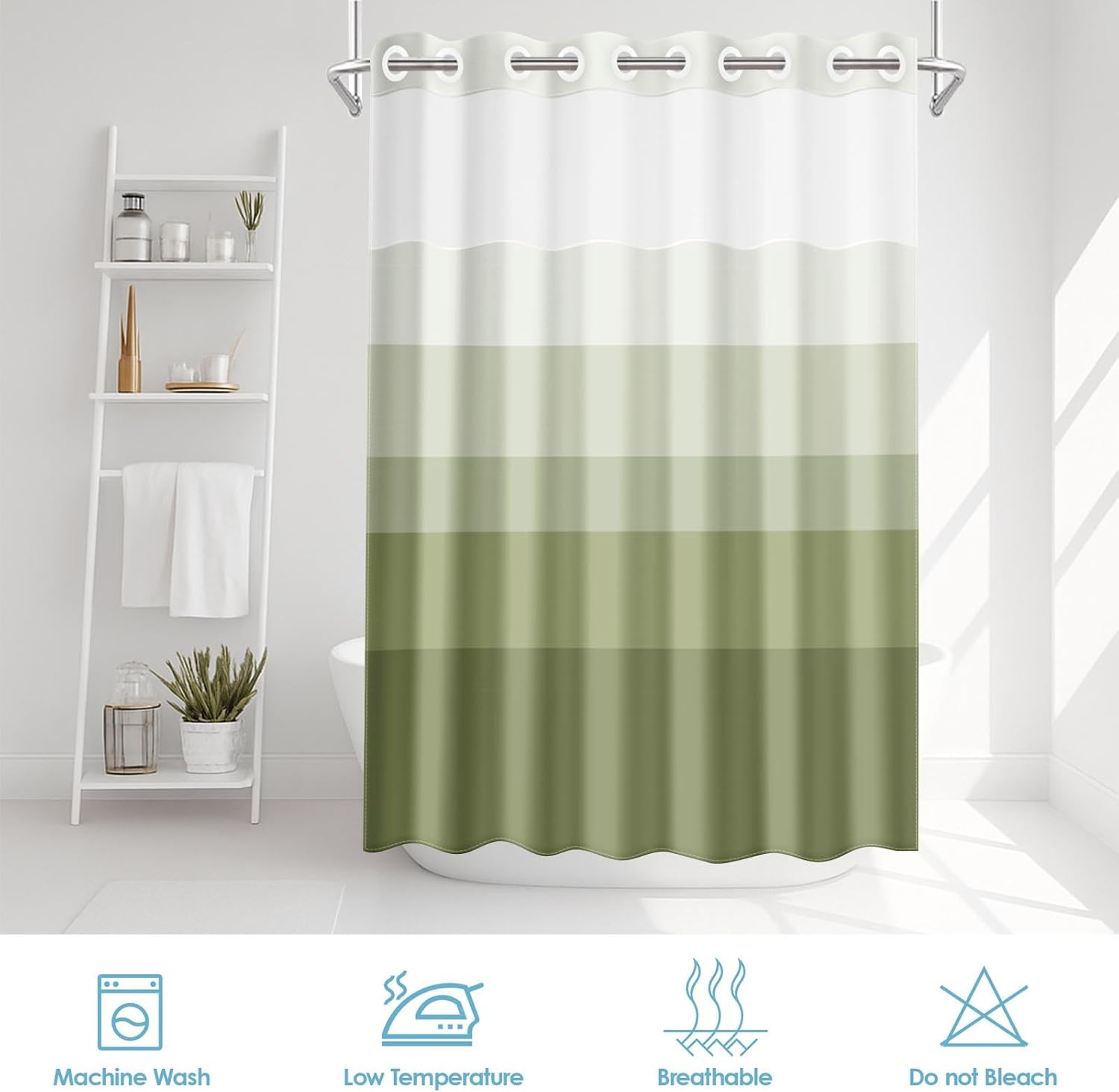 No Hook Sage Green Ombre Shower Curtain with Snap in Fabric Liner Set, Modern Geometric Double Layers Waterproof Fabric with See Through Top Window Bath Curtain 71x74 Inch