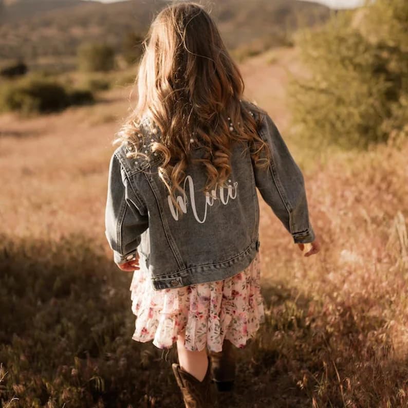 Personalized Embroidered Girl Jean Jacket, Customized Kids Pearl Jean Jacket with Name, Cute Toddler Coat for Flower Girls Gifts for Wedding, Birthday, Family Wear for Mother & Kids3