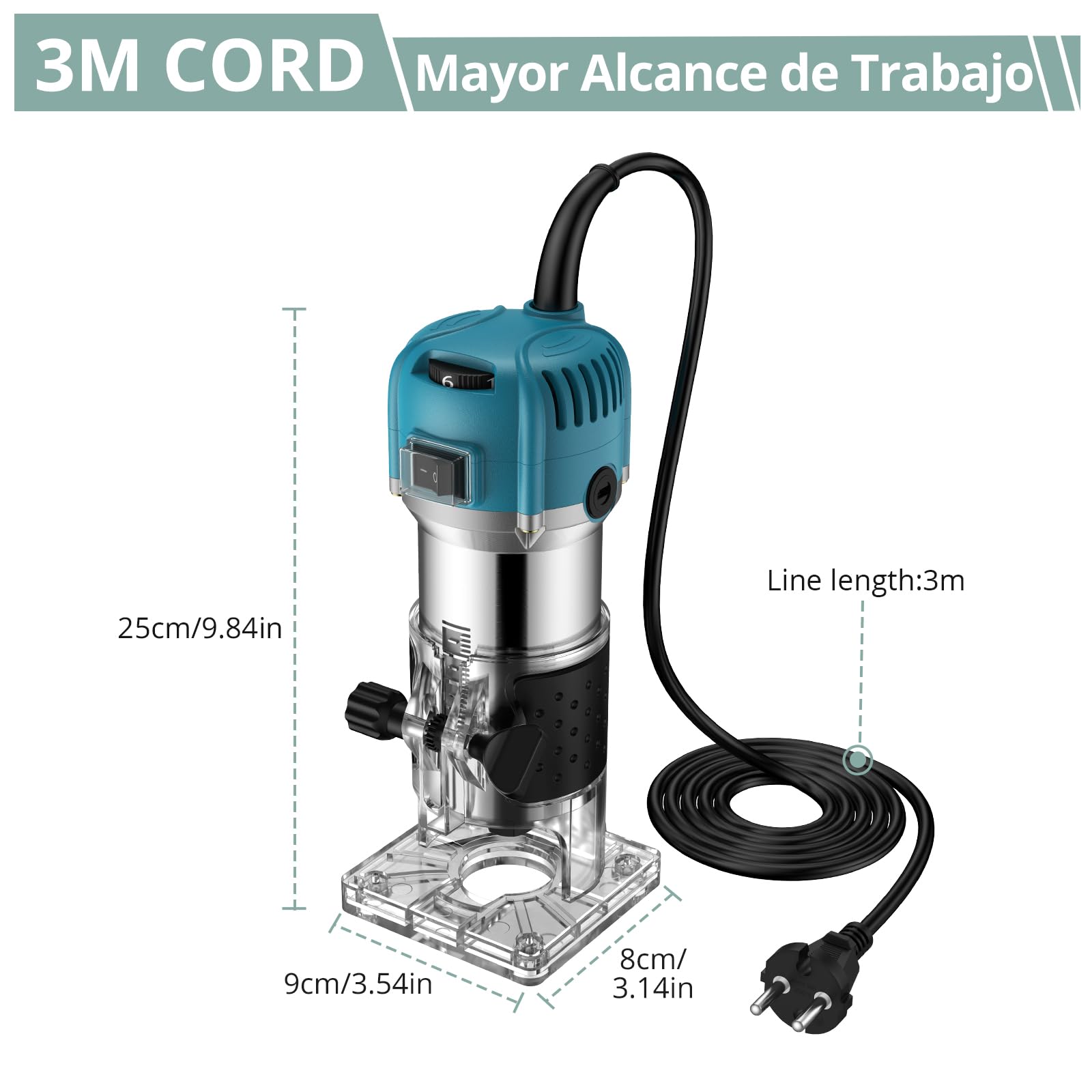 COLFULINE Juego de Fresadora de Madera Rebajadora Eléctrica 800W 30000R 6.35 mm (1/4 Inch) con 6 Velocidades Variables, con 15PCS 1/4"Juego de Brocas para Madera